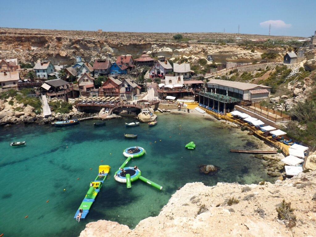 Colourful wooden buildings of Popeye Village, Malta
