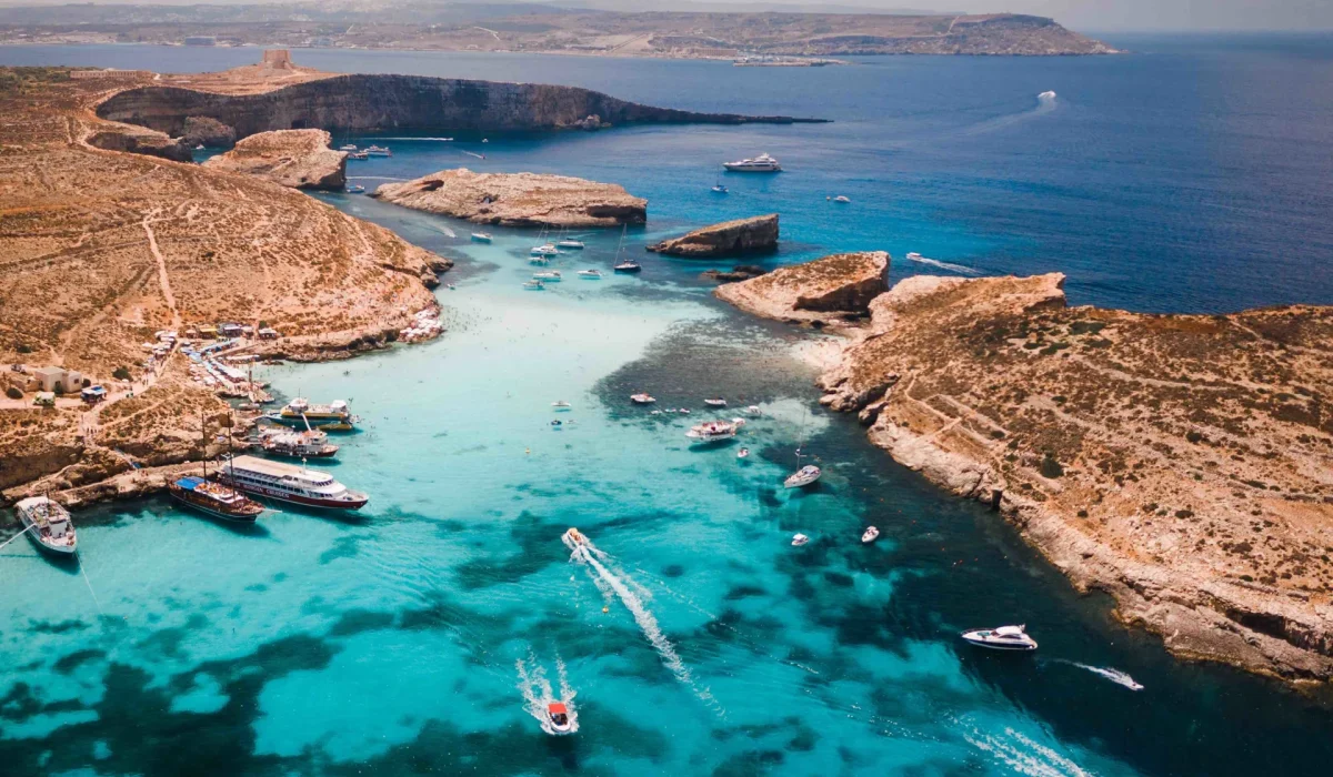 aerial shot of blue lagoon malta
